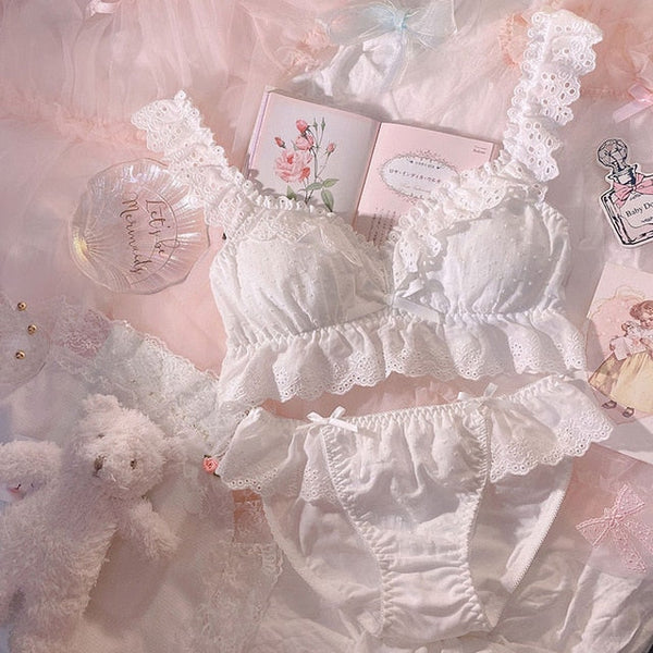 2-piece Cotton Lace Ruffle Kawaii Princess Nymphet Lolita Lingerie Set 