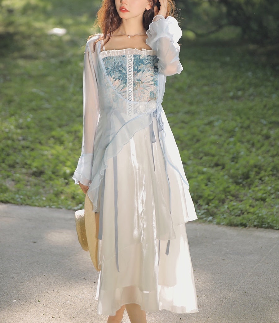 Angelika Ethereal Blue Floral Tapestry Cottagecore Dress 