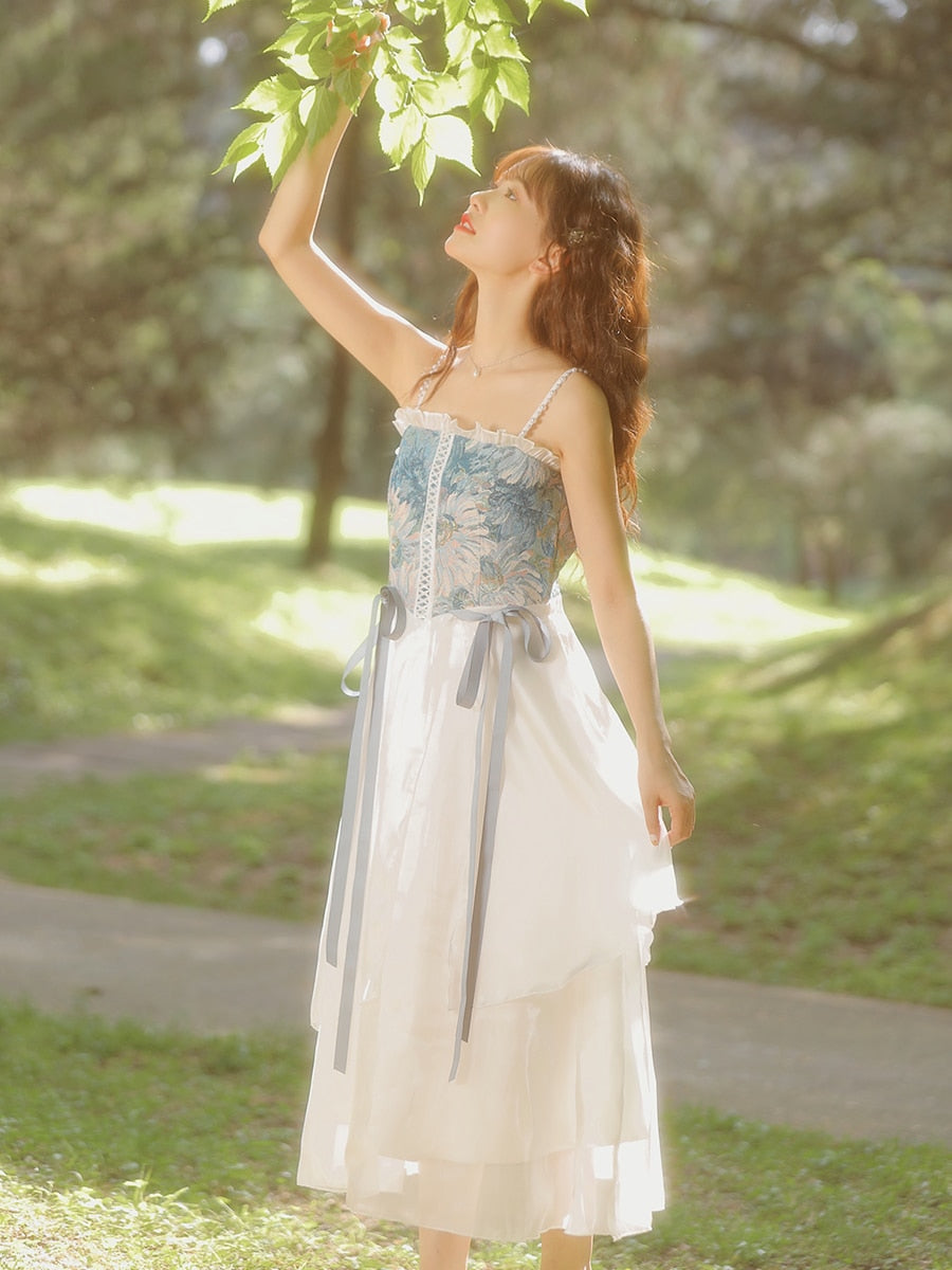 Angelika Ethereal Blue Floral Tapestry Cottagecore Dress 