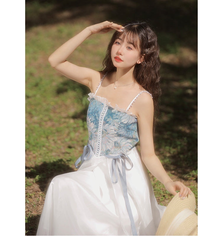 Angelika Ethereal Blue Floral Tapestry Cottagecore Dress 