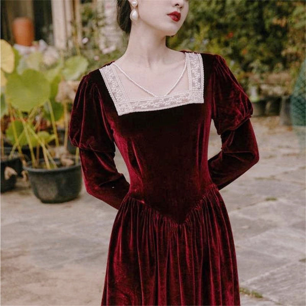 Annabella Witchy Academia Velvet Burgundy Royalcore Dress 