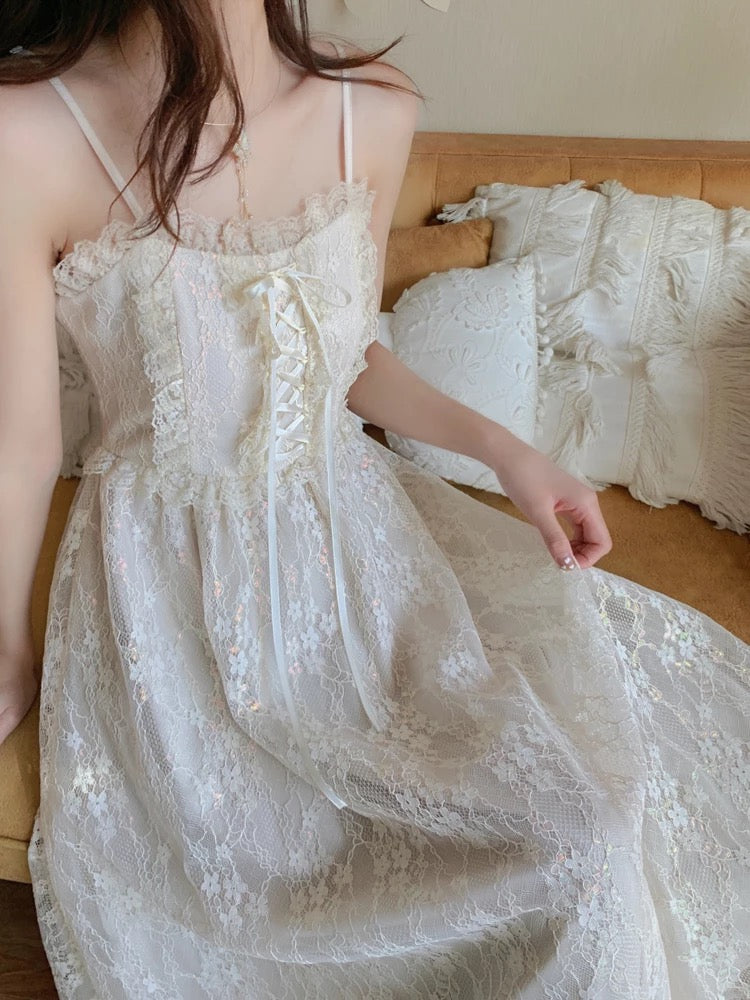 Attic Tales Floral Lace Vintage-Aesthetic Romantic Fairy Princess Dress 