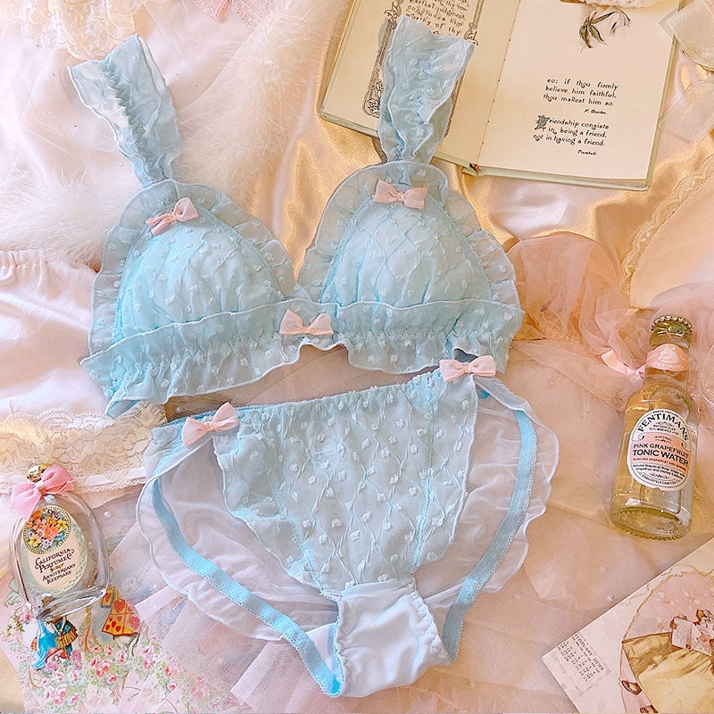 Lolita Princess Soft Bear Girls Underwear Cute Small Chest Gathered Bra Set  Without Steel Ring Kawaii Bras and Panty (Color : Blue, Size : Medium)