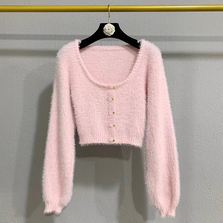 Baby Pink Soft Girl Sweet Fuzzy Cropped Sweater 