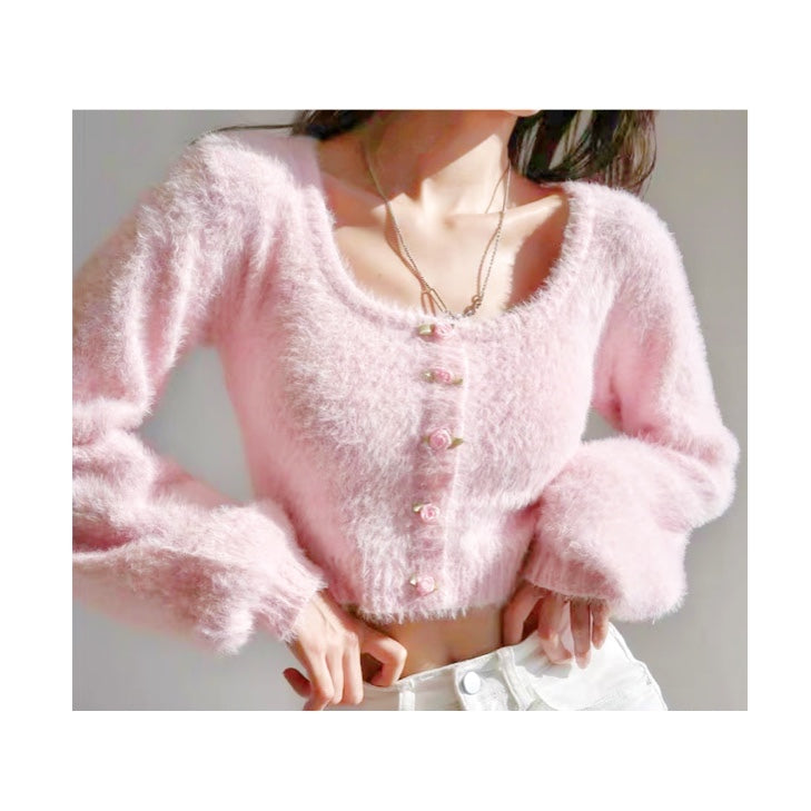 Baby Pink Soft Girl Sweet Fuzzy Cropped Sweater 
