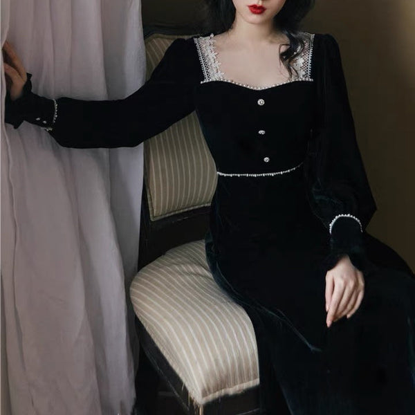 Black Magic Vintage-style Witchy Dark Romantic Sparkle✨Velvet Dress 