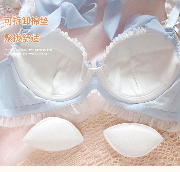 Lolita Princess Soft Bear Girls Underwear Cute Small Chest Gathered Bra Set  Without Steel Ring Kawaii Bras and Panty (Color : Blue, Size : Medium)