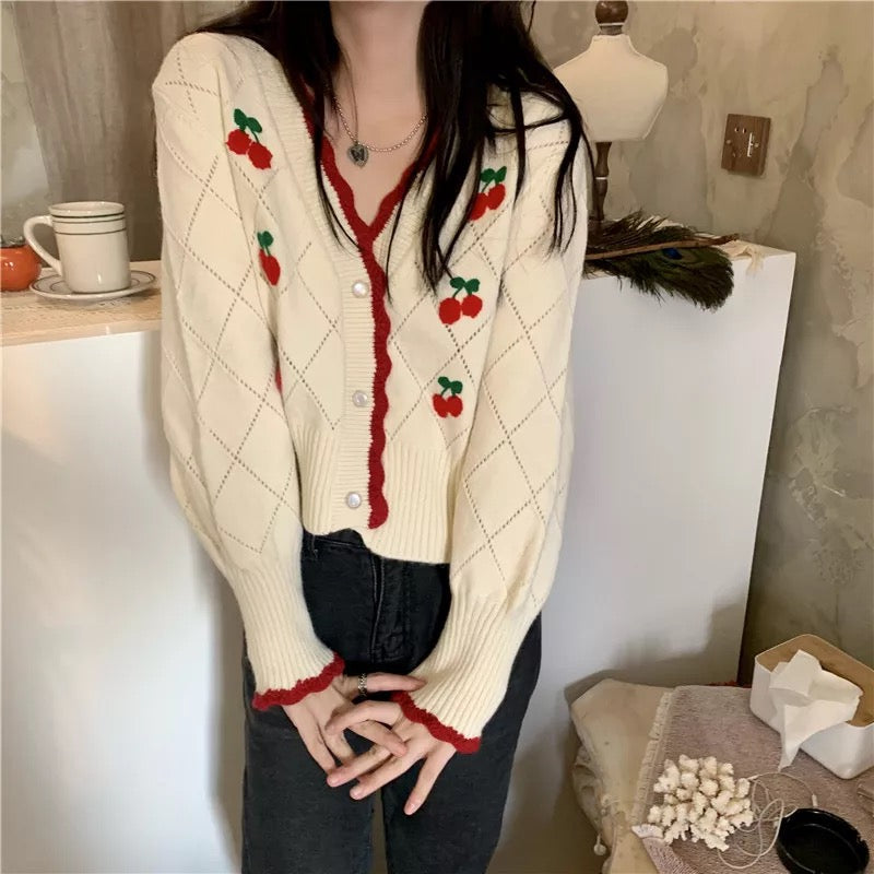 Cherry Knitted Cottagecore Cardigan 