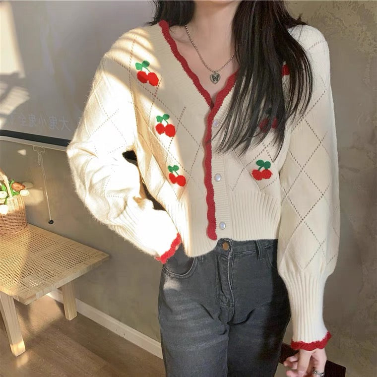 Cherry Knitted Cottagecore Cardigan 