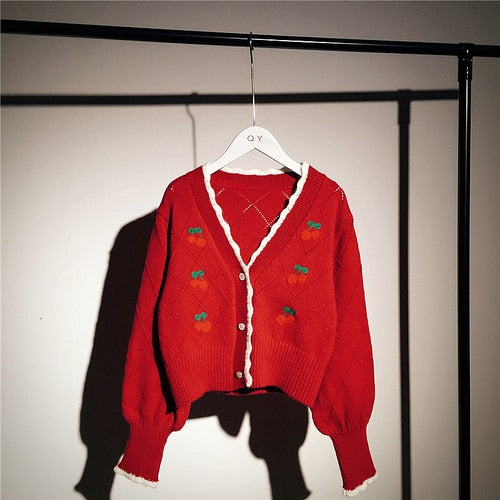 Cherry Knitted Cottagecore Cardigan 