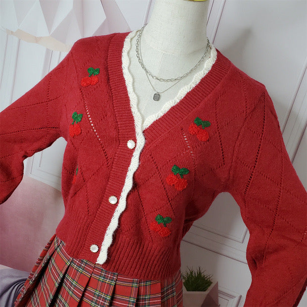 Cherry Knitted Cottagecore Cardigan 