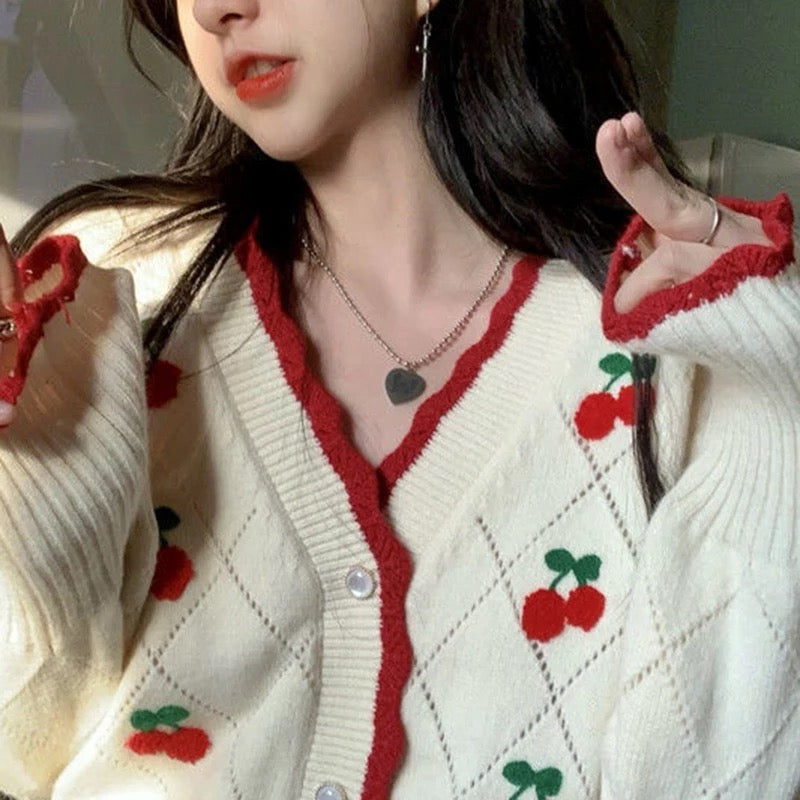 Cherry Knitted Cottagecore Cardigan Deer Doll