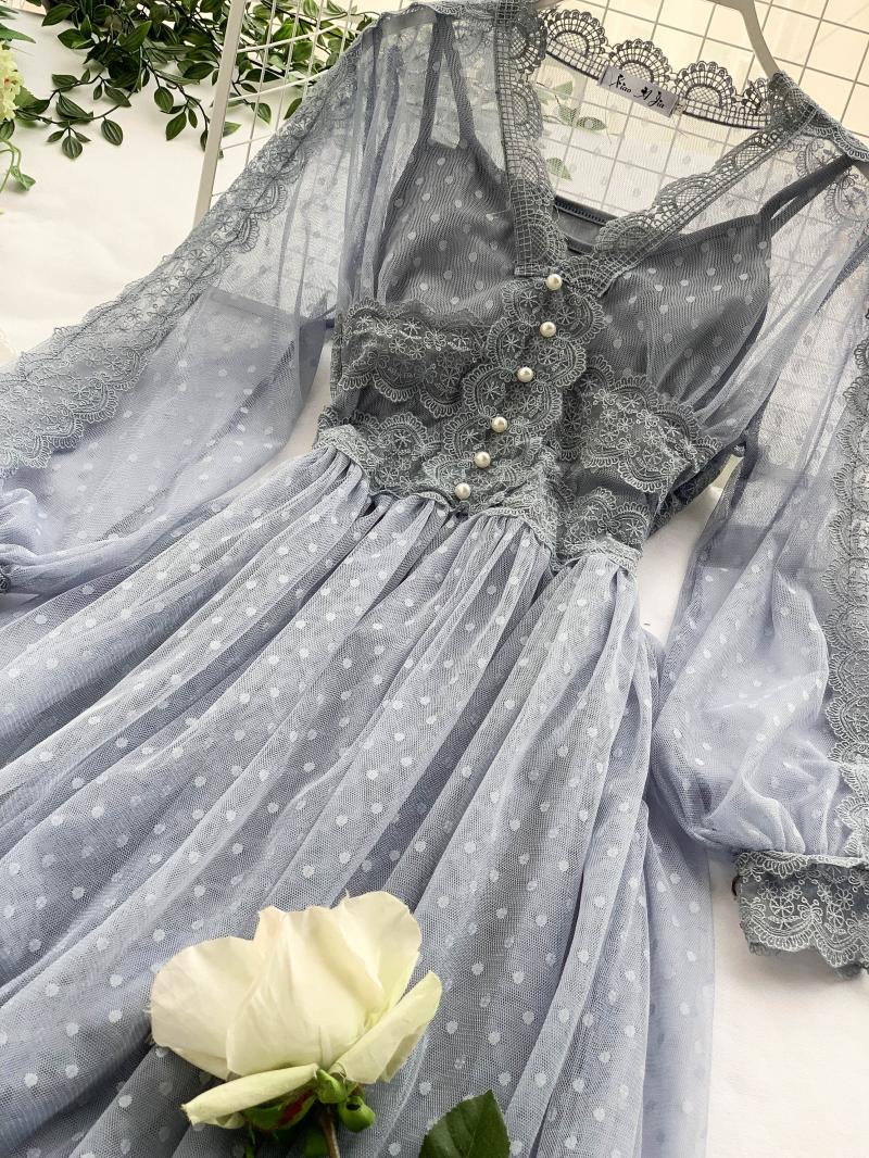 Midnight Vintage-Aesthetic Mesh Lace Fairy Dress- Soft Girl Aesthetic