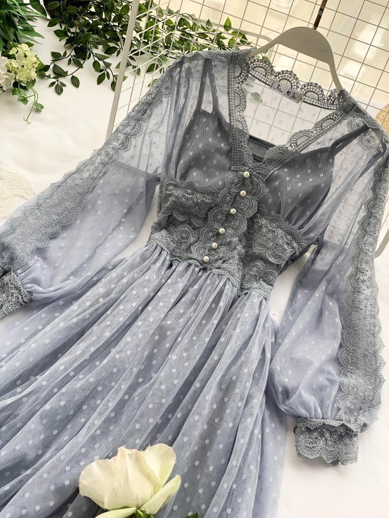 Midnight Vintage-Aesthetic Mesh Lace Fairy Dress- Soft Girl Aesthetic
