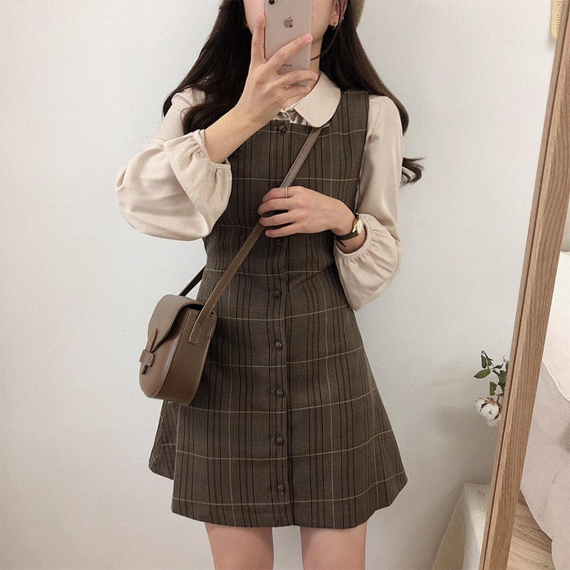 Plaid Vintage-Style Pinafore Mini Dress Dark Academia Fashion Plaid Vintage-Style Pinafore Mini Dress Dark Academia Fashion