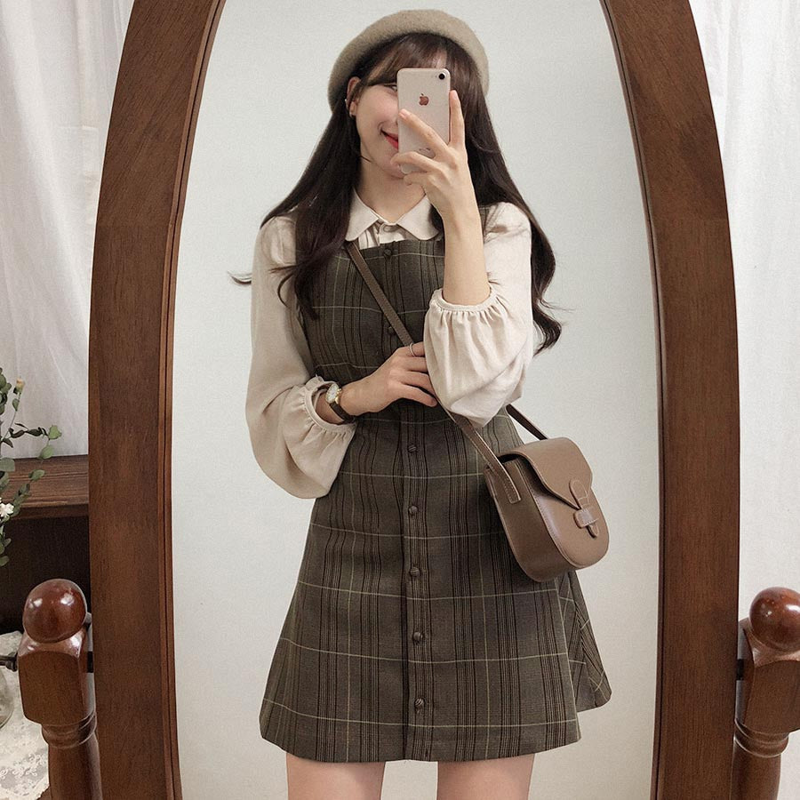 Plaid Vintage-Style Pinafore Mini Dress Dark Academia Fashion Plaid Vintage-Style Pinafore Mini Dress Dark Academia Fashion