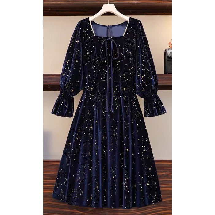 Cosmic Witch Blue Velvet Galaxy Star Dress 