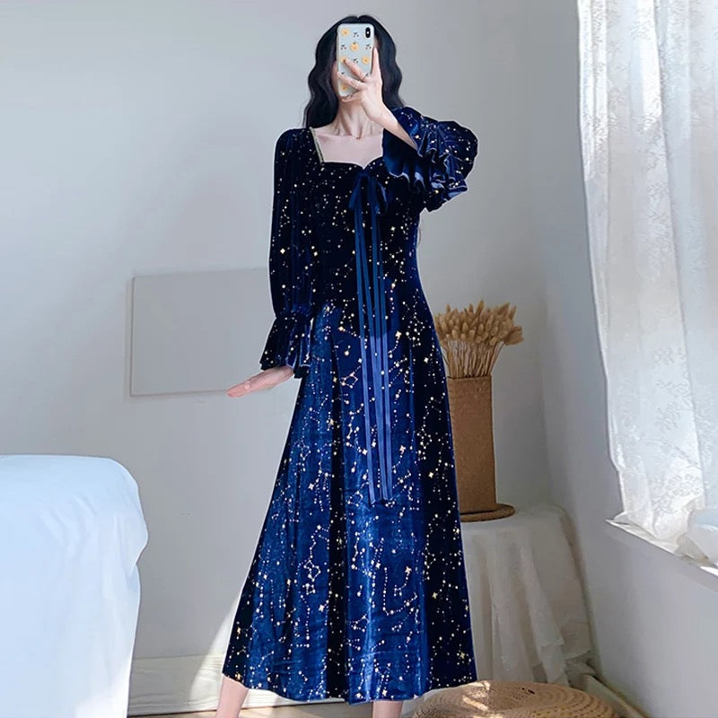 Cosmic Witch Blue Velvet Galaxy Star Dress 