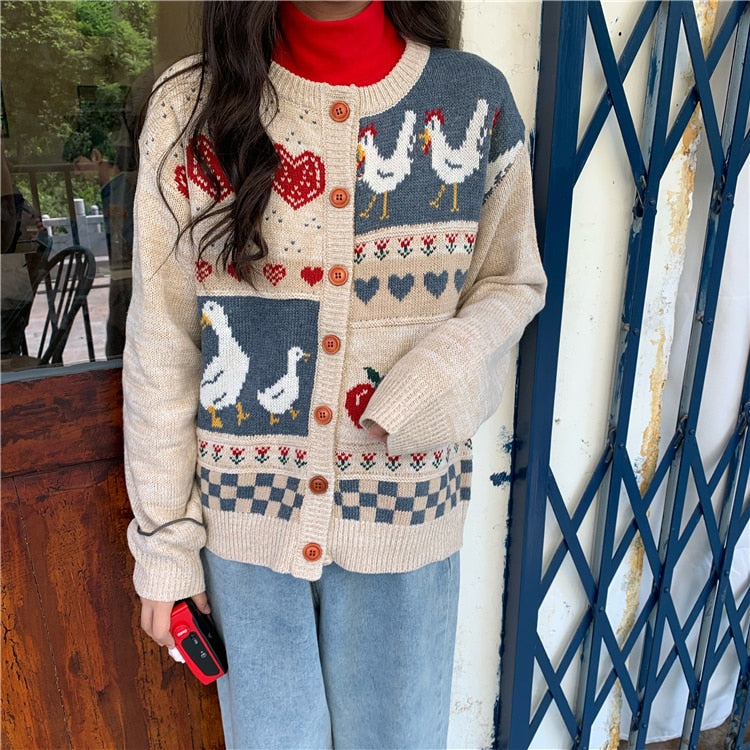 Cottagecore Vintage-Style Casual Loose Duck Sweater Cardigan 