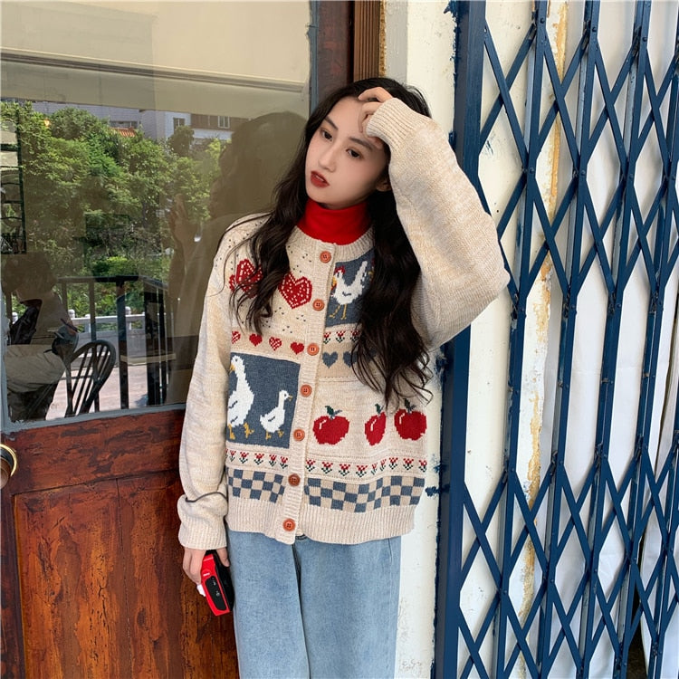 Cottagecore Vintage-Style Duck Sweater Cardigan Kawaii Fashion
