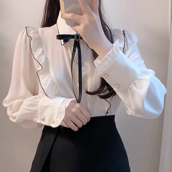Dark Academia Victorian Shirt with Black Bow 
