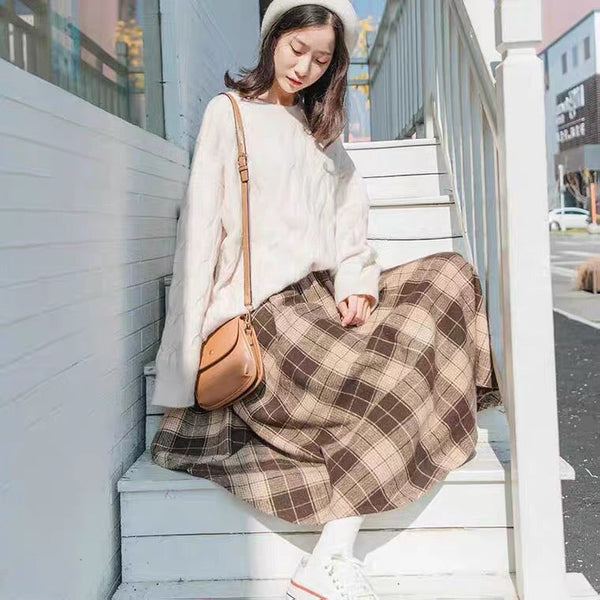 Dark Academia Wool Plaid Skirt 