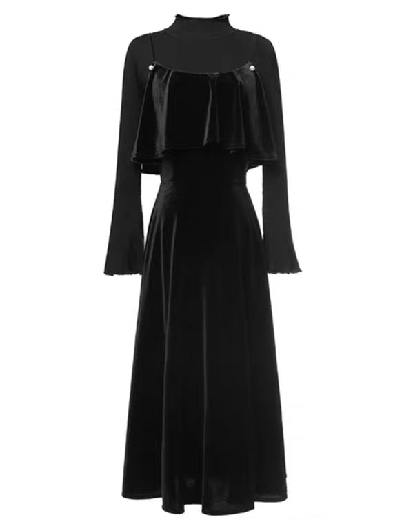 2-Piece Black Velvet Vintage Witch Gothic Dress Set Witchy Academia