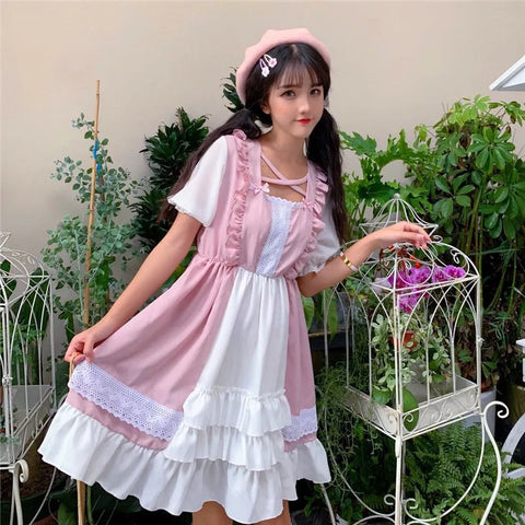 Eli Blossom Pink Frilly Short Sleeve Kawaii Princess Lolita Dress 