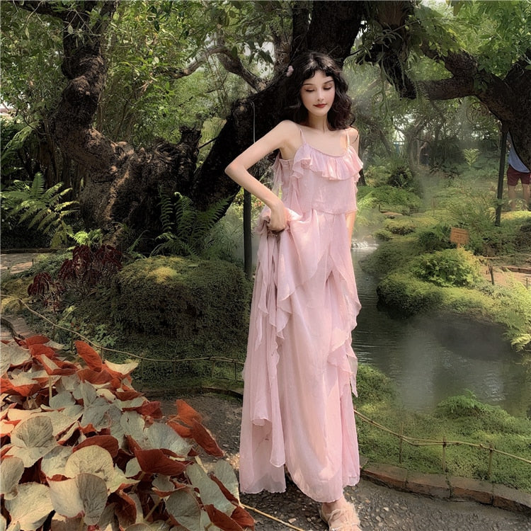 Blush Pink Chiffon Fairy Dress Voile Dress Cottagecore Dress Soft Girl