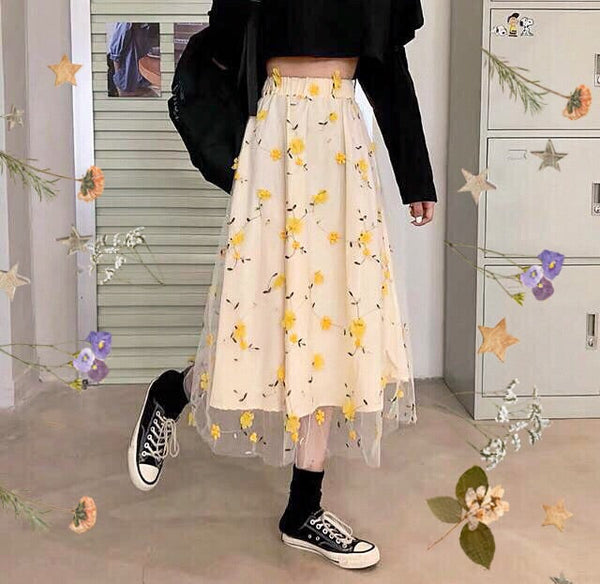 Flower Embroidered Cottagecore Skirt 