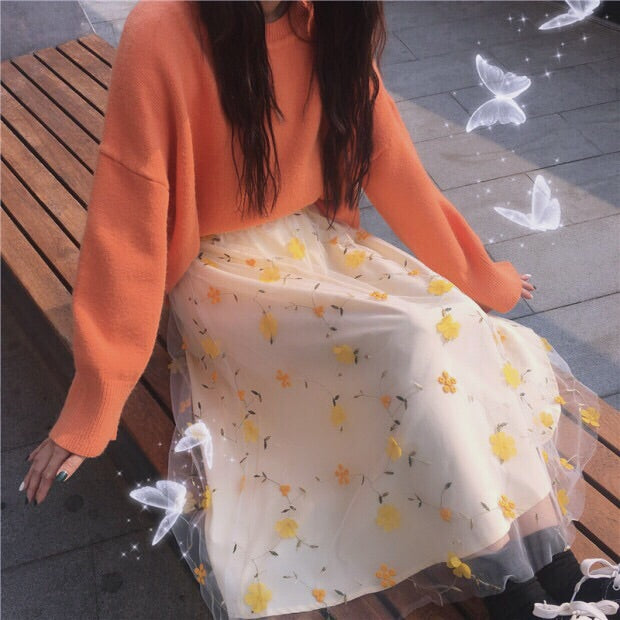 Flower Embroidered Cottagecore Skirt 