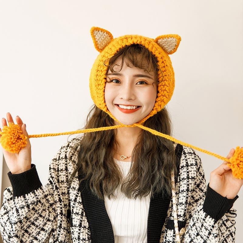 Fox Pom Pom Wool Warm Winter Knitted Hat 