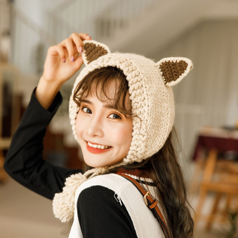 Fox Pom Pom Wool Warm Winter Knitted Hat 