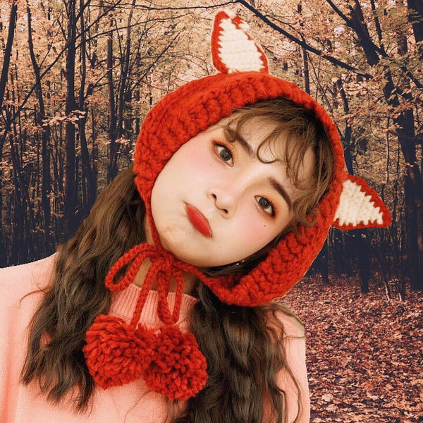 Fox Pom Pom Wool Warm Winter Knitted Hat 