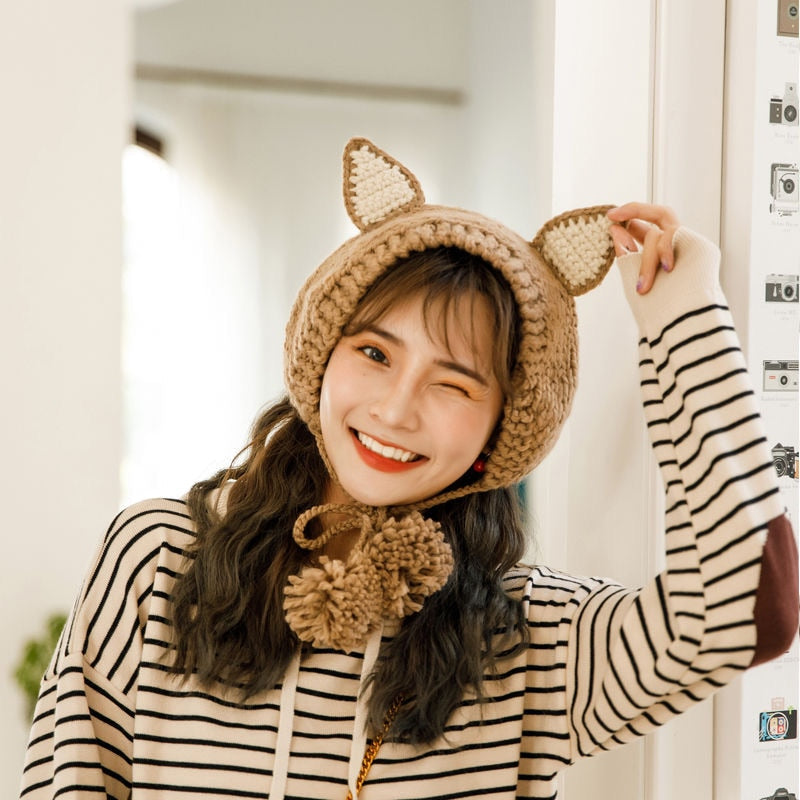 Fox Pom Pom Wool Warm Winter Knitted Hat 