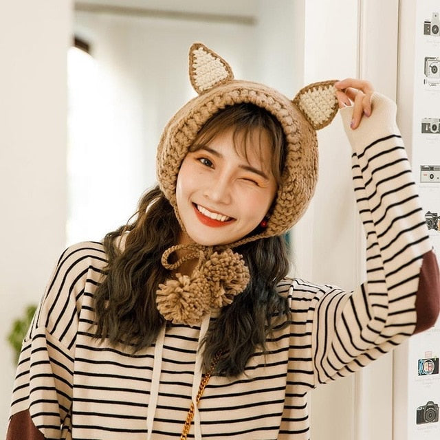 Fox Pom Pom Wool Warm Winter Knitted Hat 