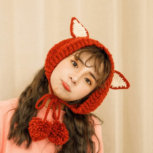 Fox Pom Pom Wool Warm Winter Knitted Hat 