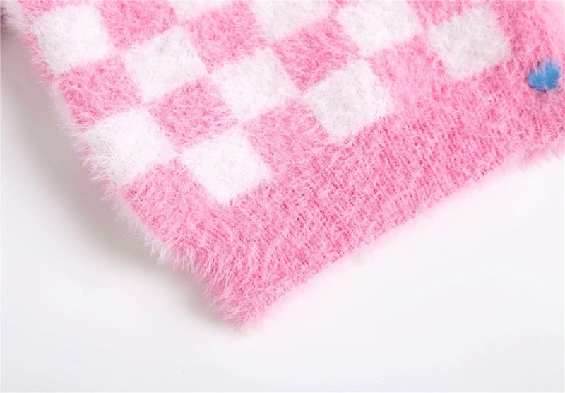 Kawaii Aesthetic Fuzzy Pink Checkered Cropped Cardigan Kawaii Fashion