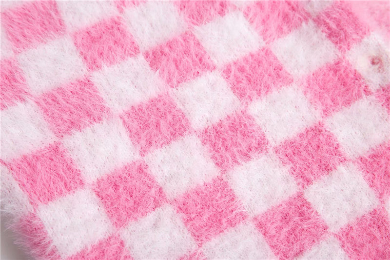 Fuzzy Pink Checkered Cropped Cardigan 