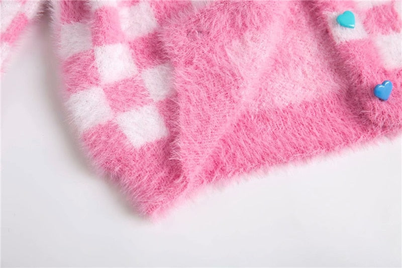 Fuzzy Nude Checkered Pouch – Pink Lily