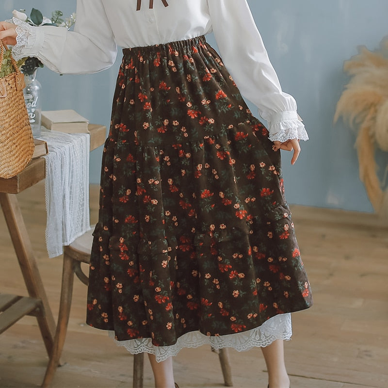 Floral Cottagecore Corduroy Skirt