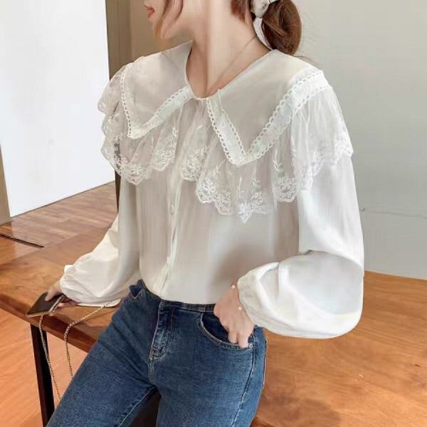Kawaii Mori Girl Lace Collar Long Sleeve Shirt Asian fashion kawaii shop