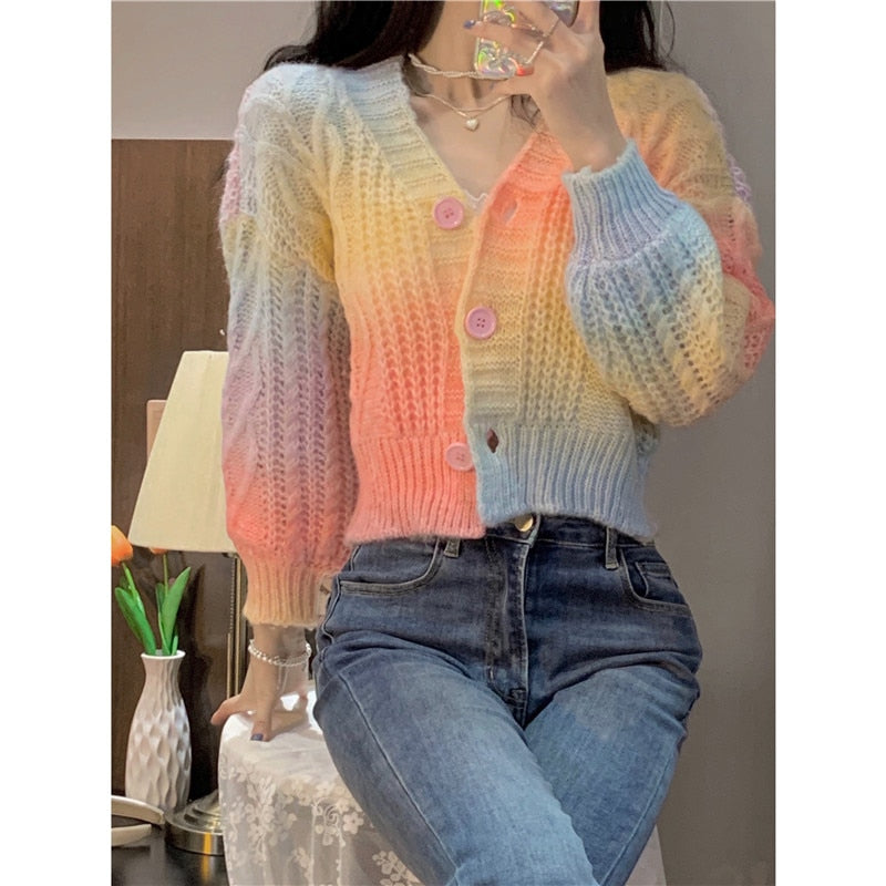 Pastel Rainbow Cropped Sweater Cardigan - Deer Doll