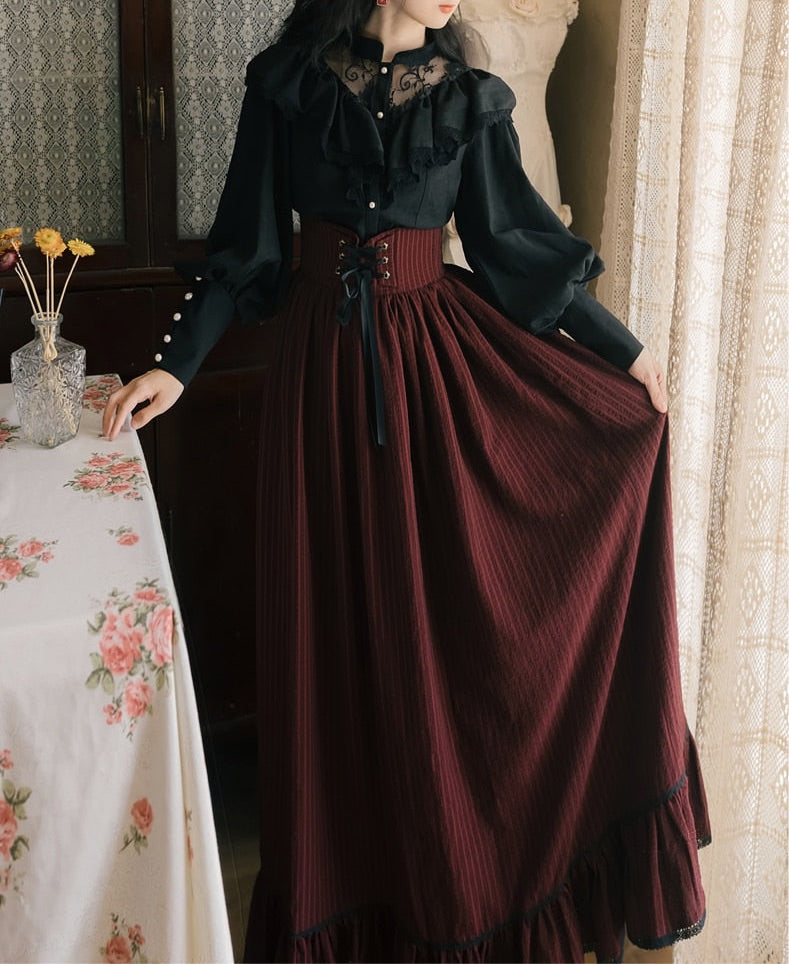 gothic cottagecore dress Black Gothic Lace Dress Vintage Ruffle Detail Romantic Fairytale