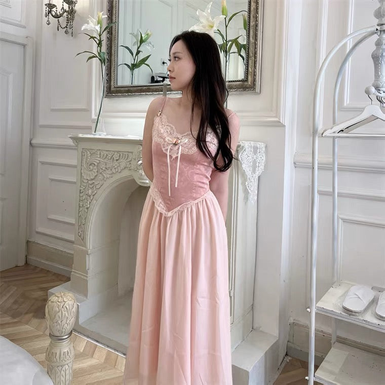 Pastel Pink Romantic Royalcore Princess Corset Dress with pink rose