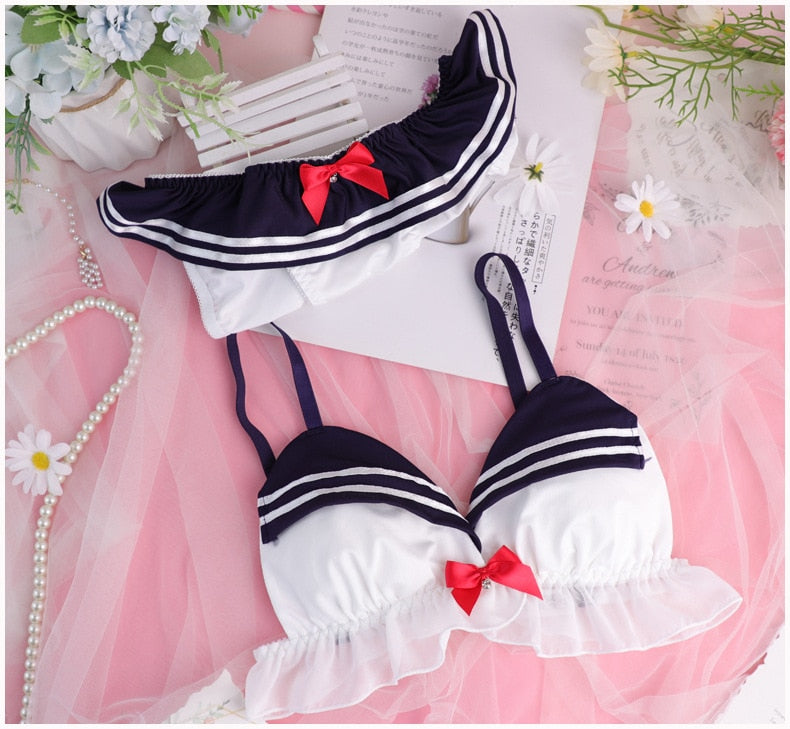 Women Anime Ruffle underwear Panties Kawaii Bra & Panties Set