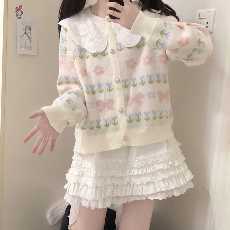 Kawaii Sweater Cardigan with Lace Collar 