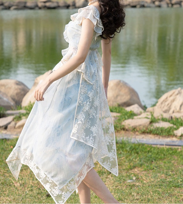Loretta Ethereal Blue Rose Layered 2-Piece Fairycore Dress Set 