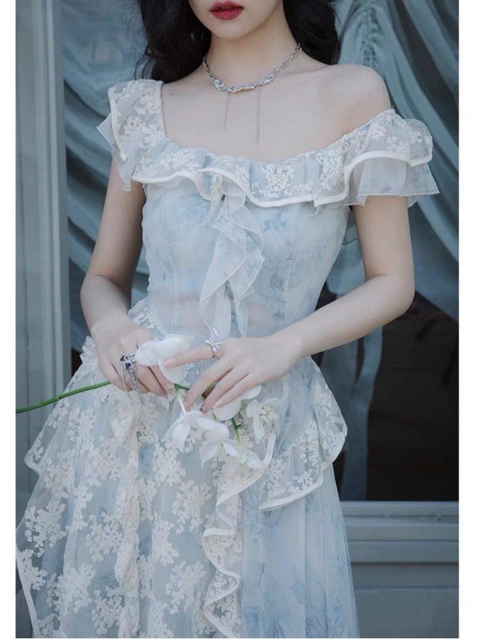Ethereal Blue Rose Layered 2-Piece Fairycore Fary Dress Set
