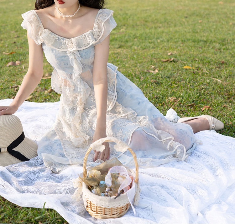 Loretta Ethereal Blue Rose Layered 2-Piece Fairycore Dress Set 